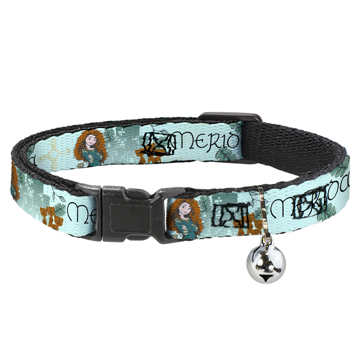 Cat Collar Breakaway with Bell - Brave Merida Castle and Three Bear Brothers Pose with Script Greens - NARROW Fits 8.5-12" Cat Collars Breakaway Side Release Disney