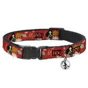 Cat Collar Breakaway with Bell - Mulan Gazebo Pose with Flowers and Script Red Golds - NARROW Fits 8.5-12" Cat Collars Breakaway Side Release Disney