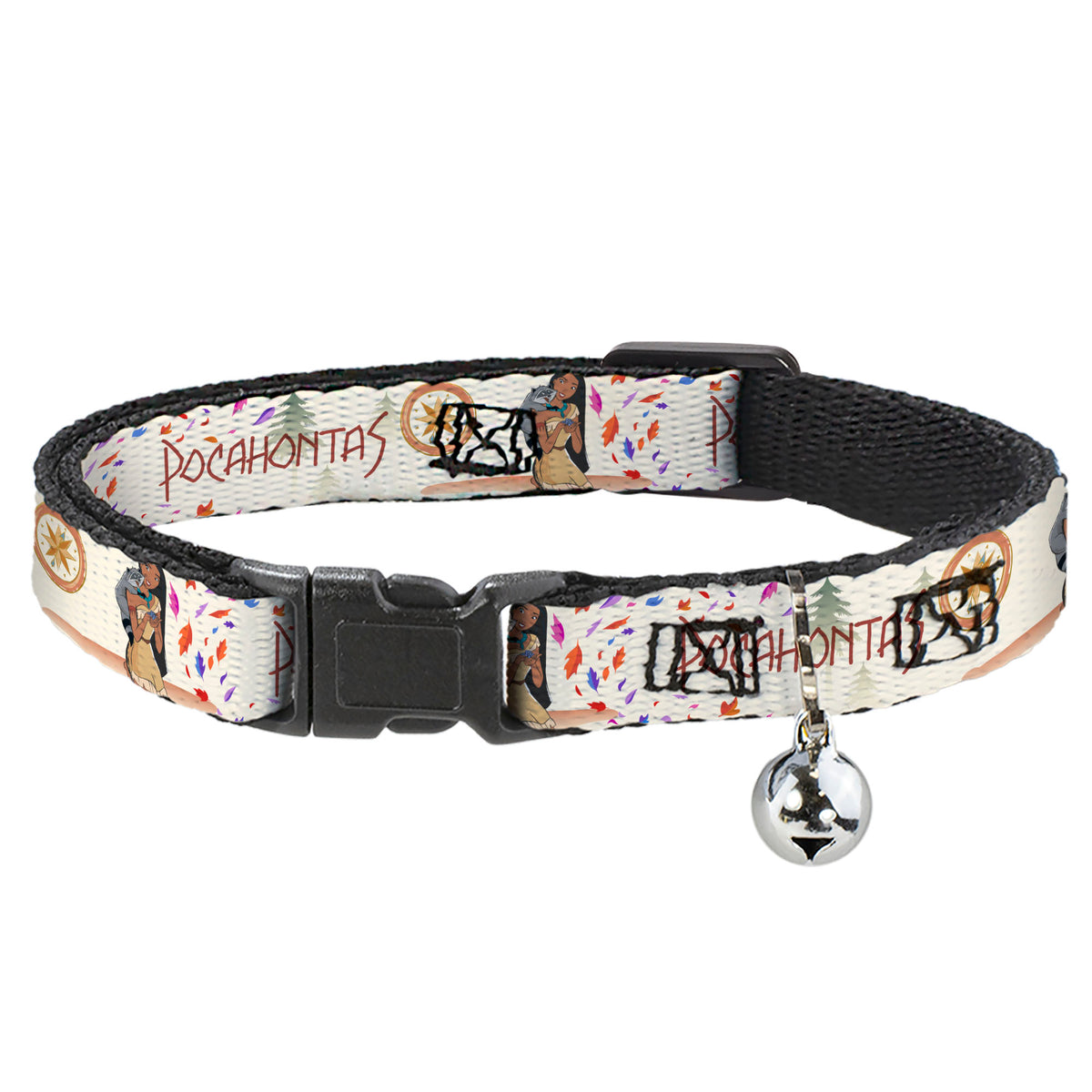 Cat Collar Breakaway with Bell - Pocahontas and Meeko Compass Pose with Script and Leaves Beige - NARROW Fits 8.5-12" Cat Collars Breakaway Side Release Disney