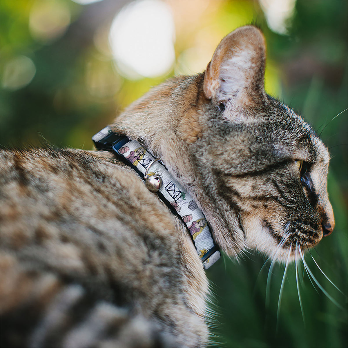 Cat Collar Breakaway with Bell - Rapunzel Castle and Pascual Pose with Script and Flowers White Purples Cat Collars Breakaway Side Release Disney