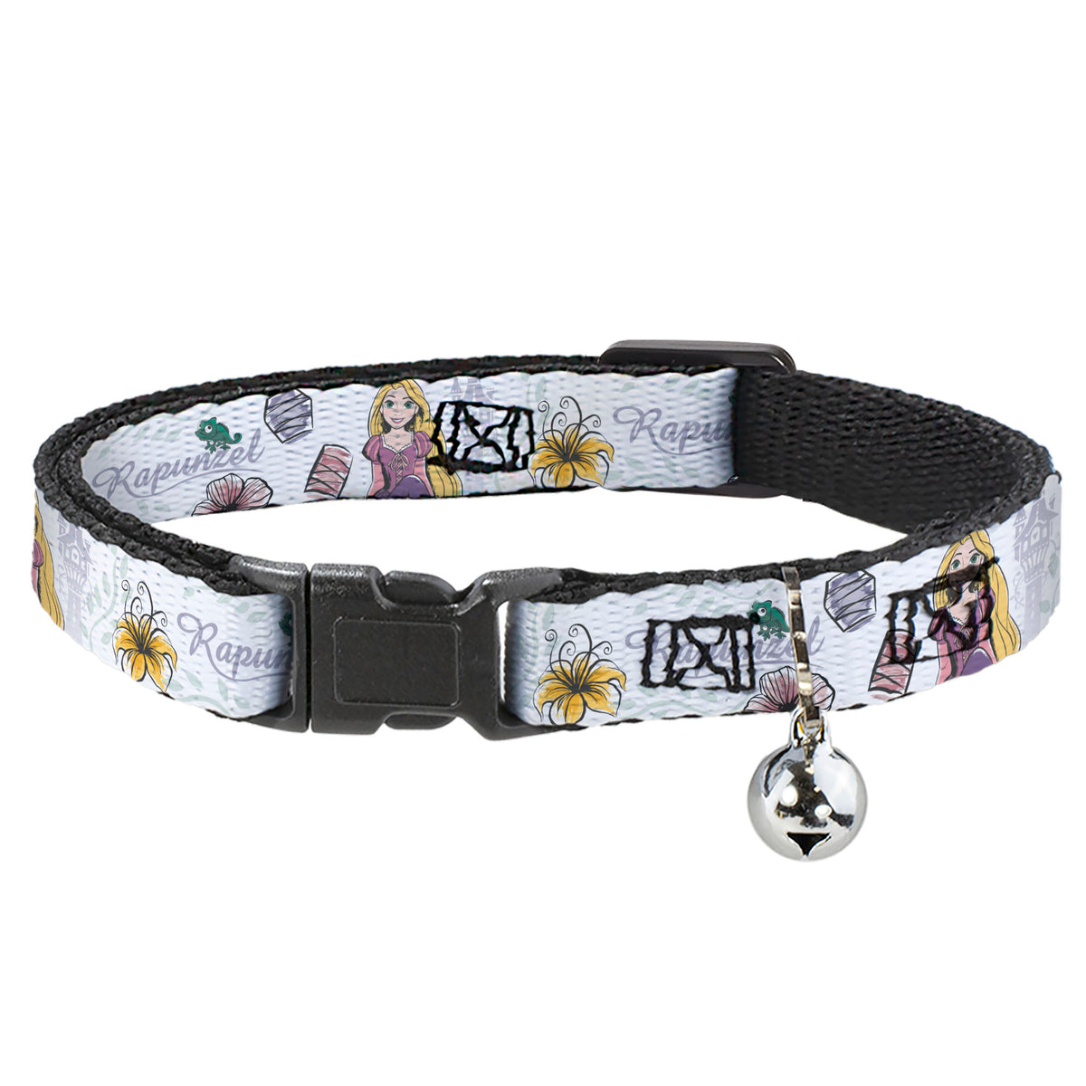 Cat Collar Breakaway with Bell - Rapunzel Castle and Pascual Pose with Script and Flowers White Purples Cat Collars Breakaway Side Release Disney
