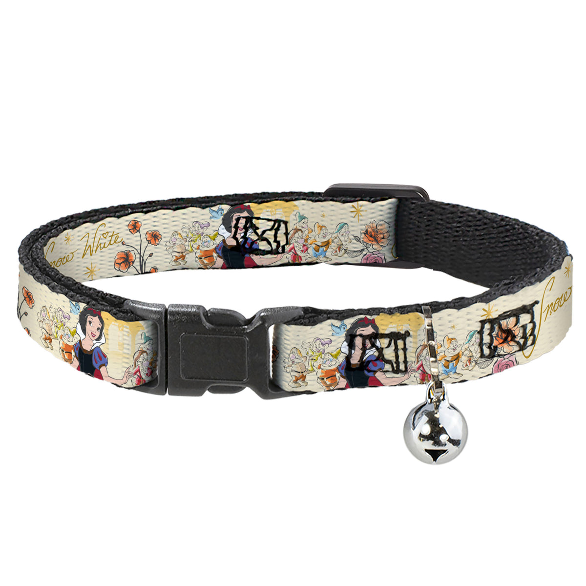 Cat Collar Breakaway with Bell - Snow White and the Seven Dwarfs with Script and Flowers Yellows - NARROW Fits 8.5-12" Cat Collars Breakaway Side Release Disney