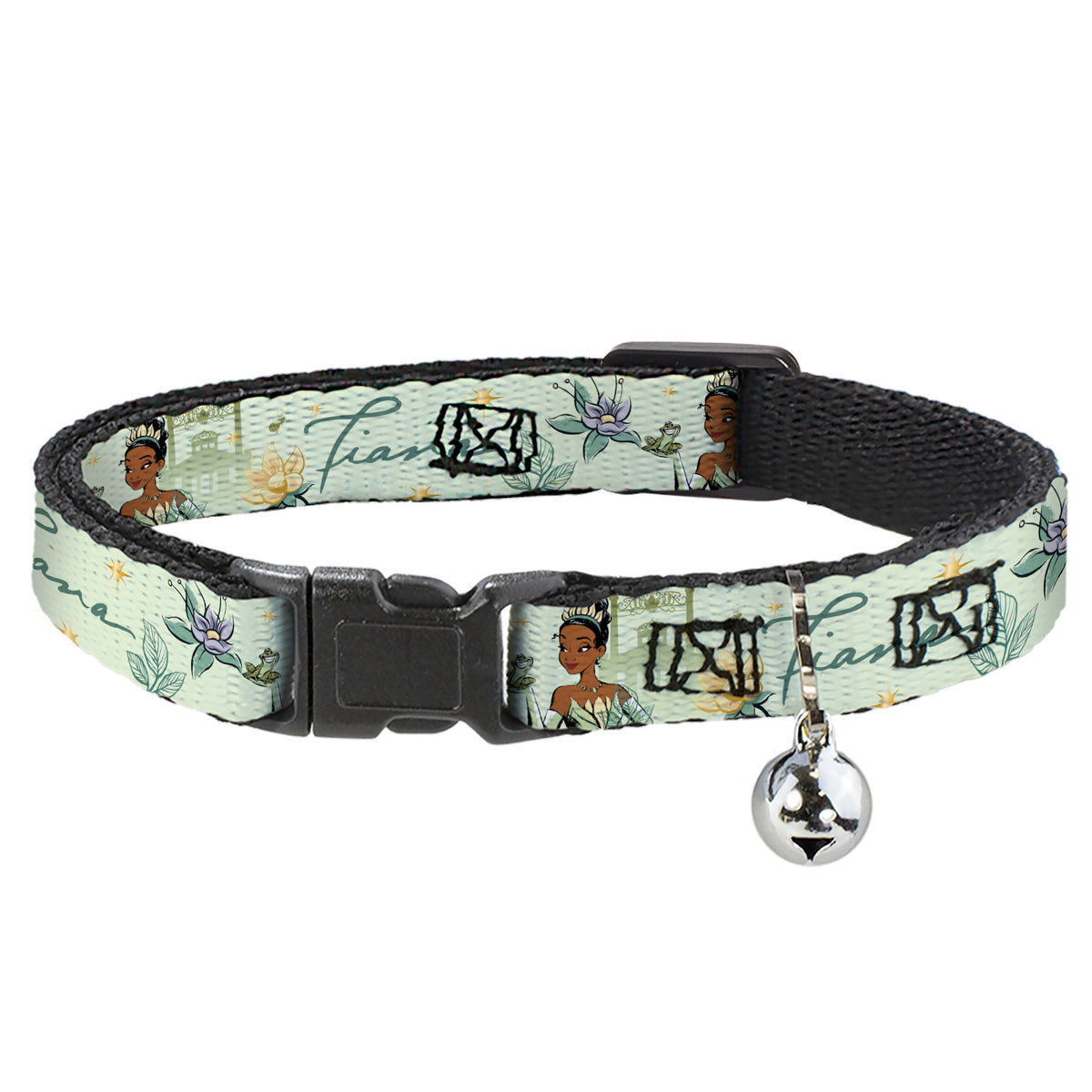 Cat Collar Breakaway with Bell - The Princess and the Frog Tiana Palace Pose with Script and Flowers Greens - NARROW Fits 8.5-12" Cat Collars Breakaway Side Release Disney
