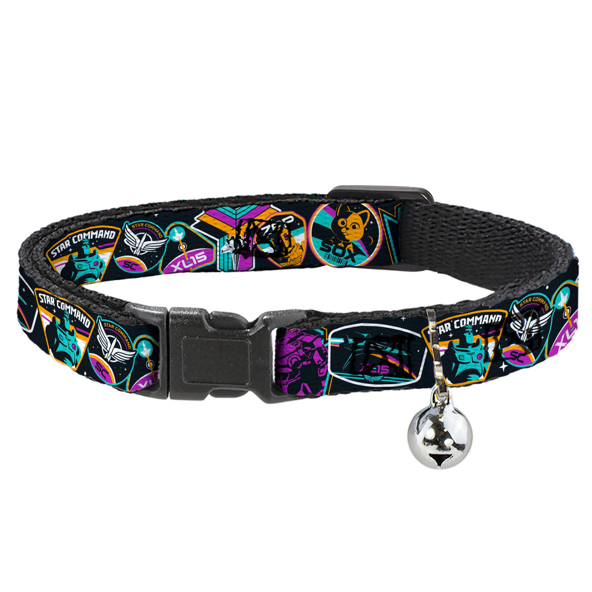 Cat Collar Breakaway with Bell - Lightyear Mission Patches Collage Black Multi Color Cat Collars Breakaway Side Release Disney