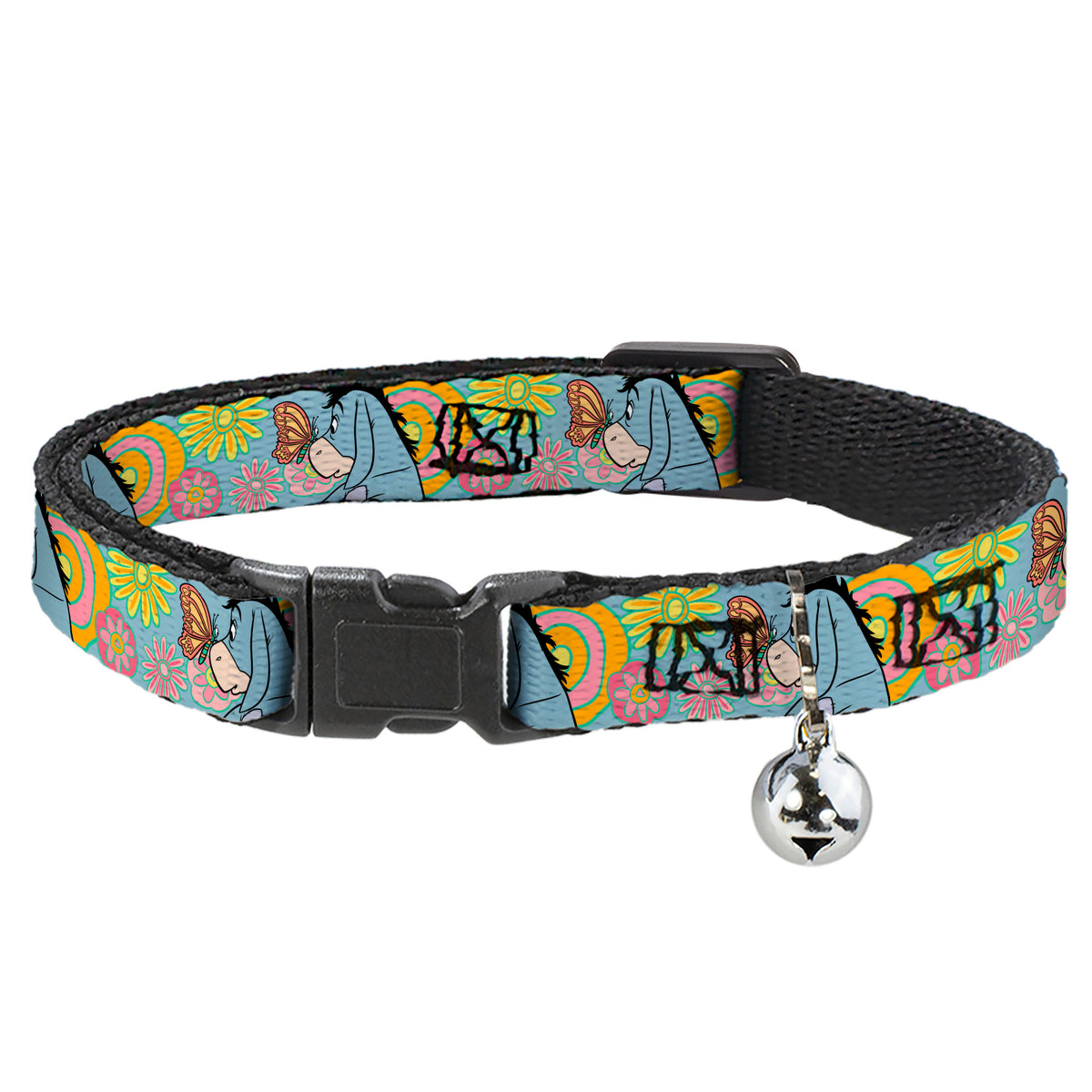 Cat Collar Breakaway with Bell - Winnie the Pooh Eeyore Butterfly Pose Floral Collage Blue Pinks Yellows Cat Collars Breakaway Side Release Disney