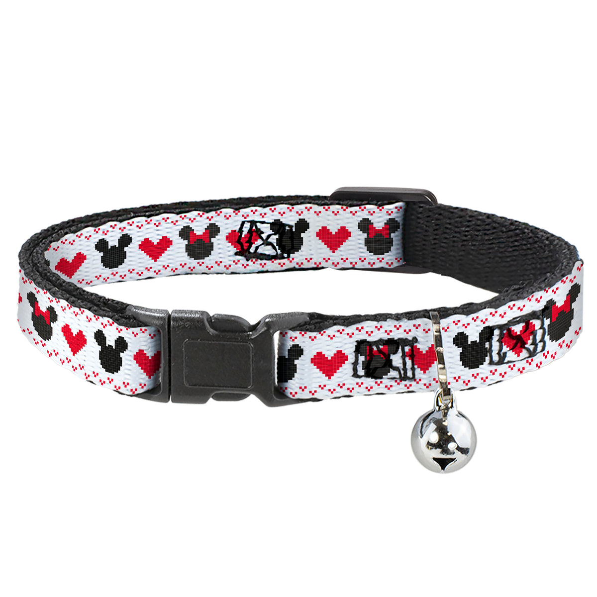 Cat Collar Breakaway with Bell - Disney Holiday Mickey and Minnie Mouse Heart Sweater Stitch White Red Black Cat Collars Breakaway Side Release Disney