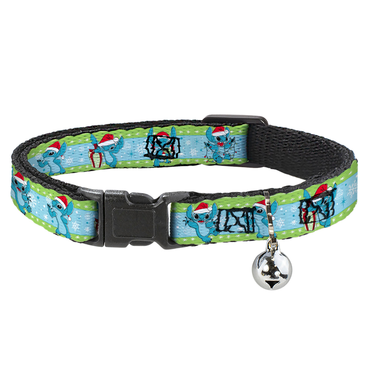 Cat Collar Breakaway with Bell - Lilo and Stitch Holiday Stitch and Scrump Poses Stripe Green Blue Cat Collars Breakaway Side Release Disney
