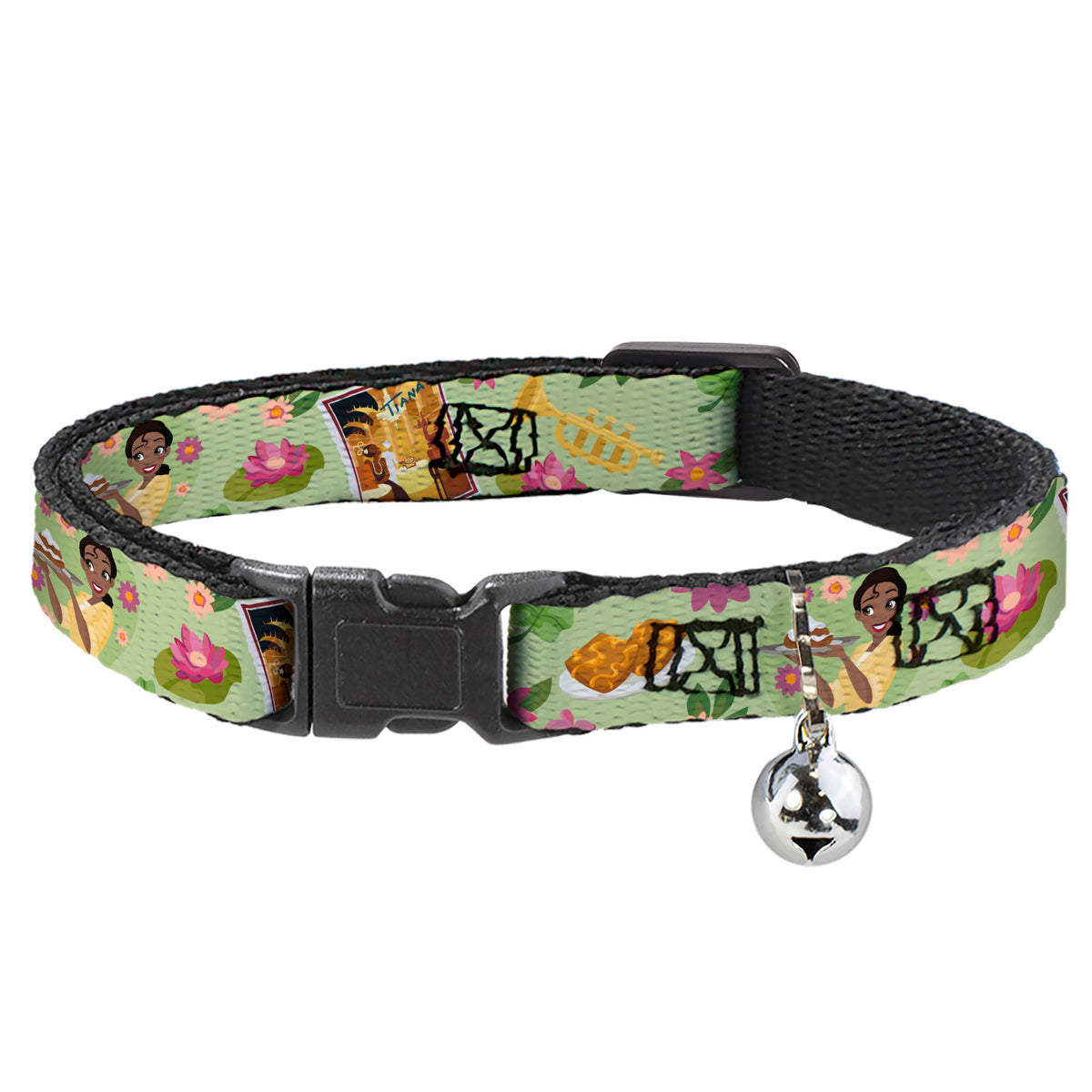 Cat Collar Breakaway with Bell - The Princess and the Frog Tiana's Place Collage Greens Pinks Cat Collars Breakaway Side Release Disney