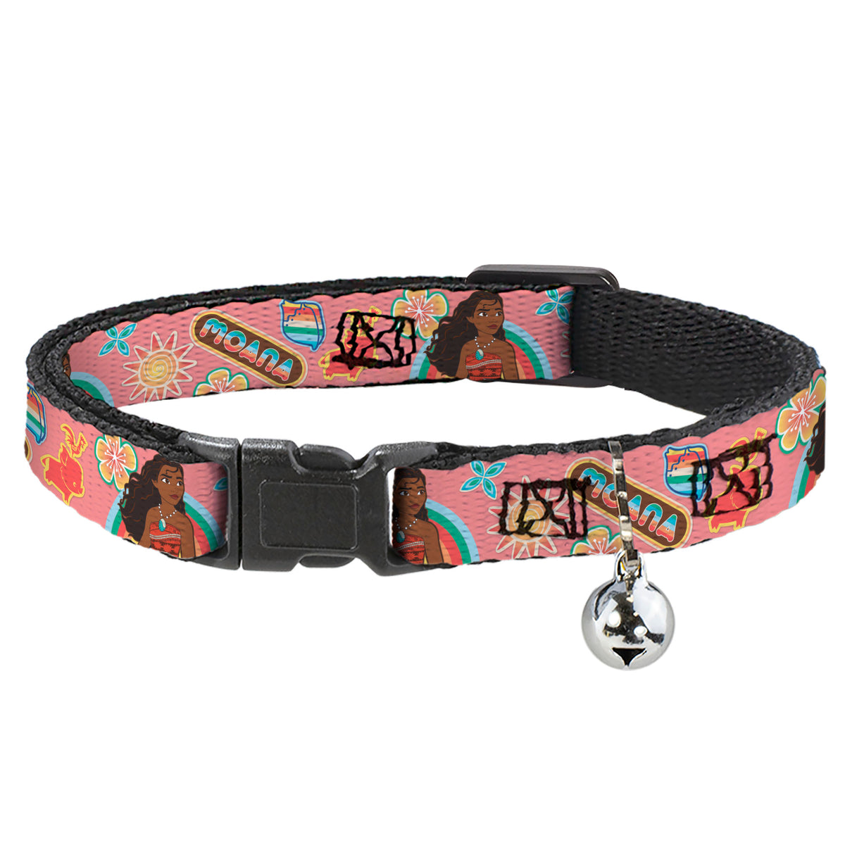 Breakaway Cat Collar with Bell - Moana Pose and Icons Collage Pink Cat Collars Breakaway Side Release Disney