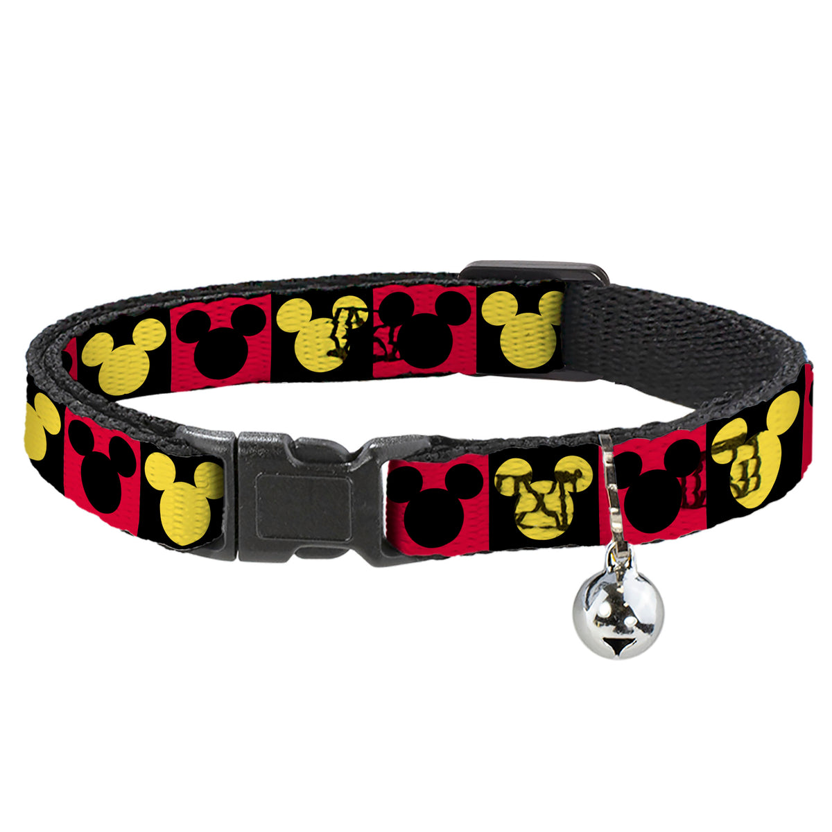 Breakaway Cat Collar with Bell - Mickey Mouse Ears Icon Blocks Red/Black/Yellow Cat Collars Breakaway Side Release Disney