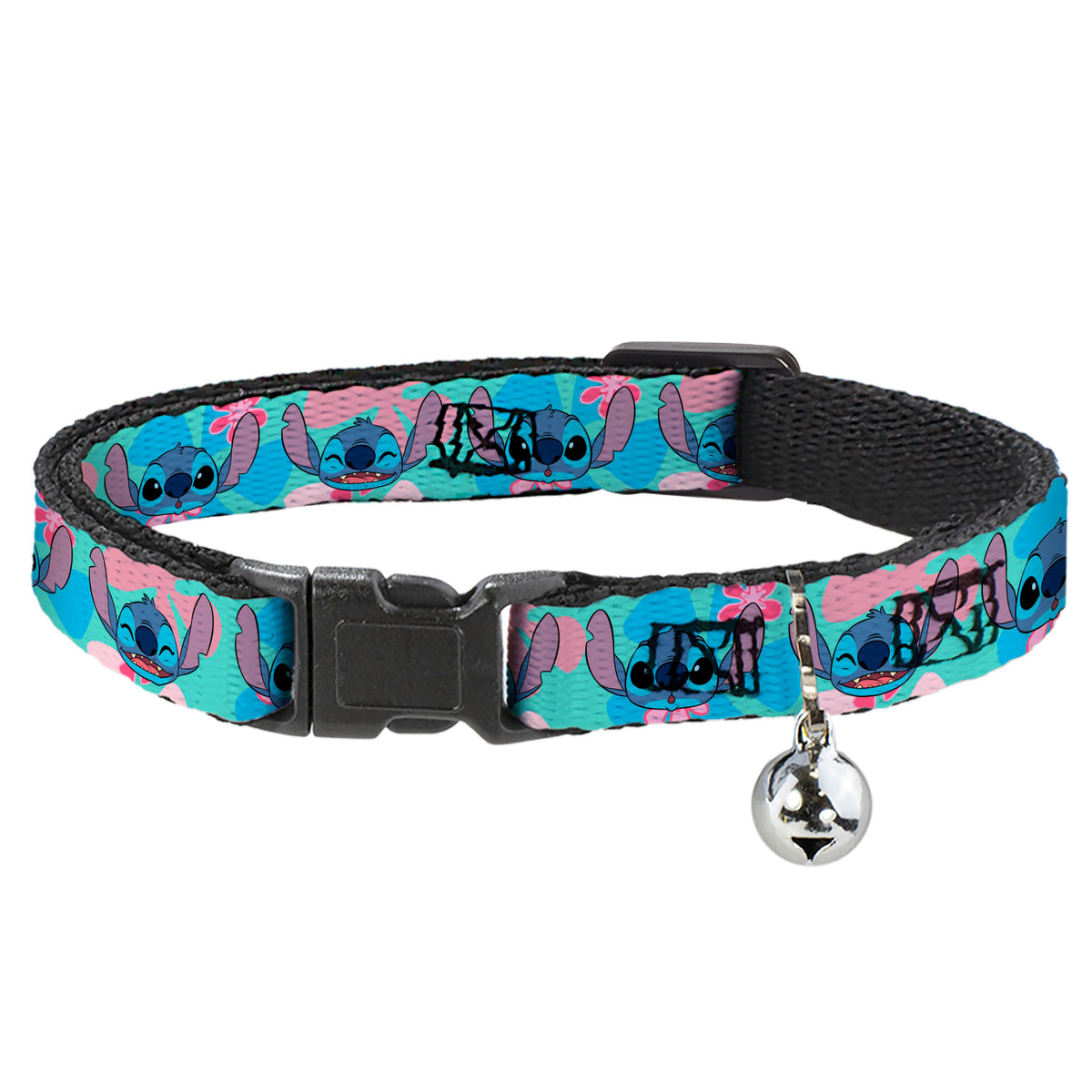 Breakaway Cat Collar with Bell - Lilo & Stitch Stitch Expressions and Tropical Flowers Blues/Pinks Cat Collars Breakaway Side Release Disney