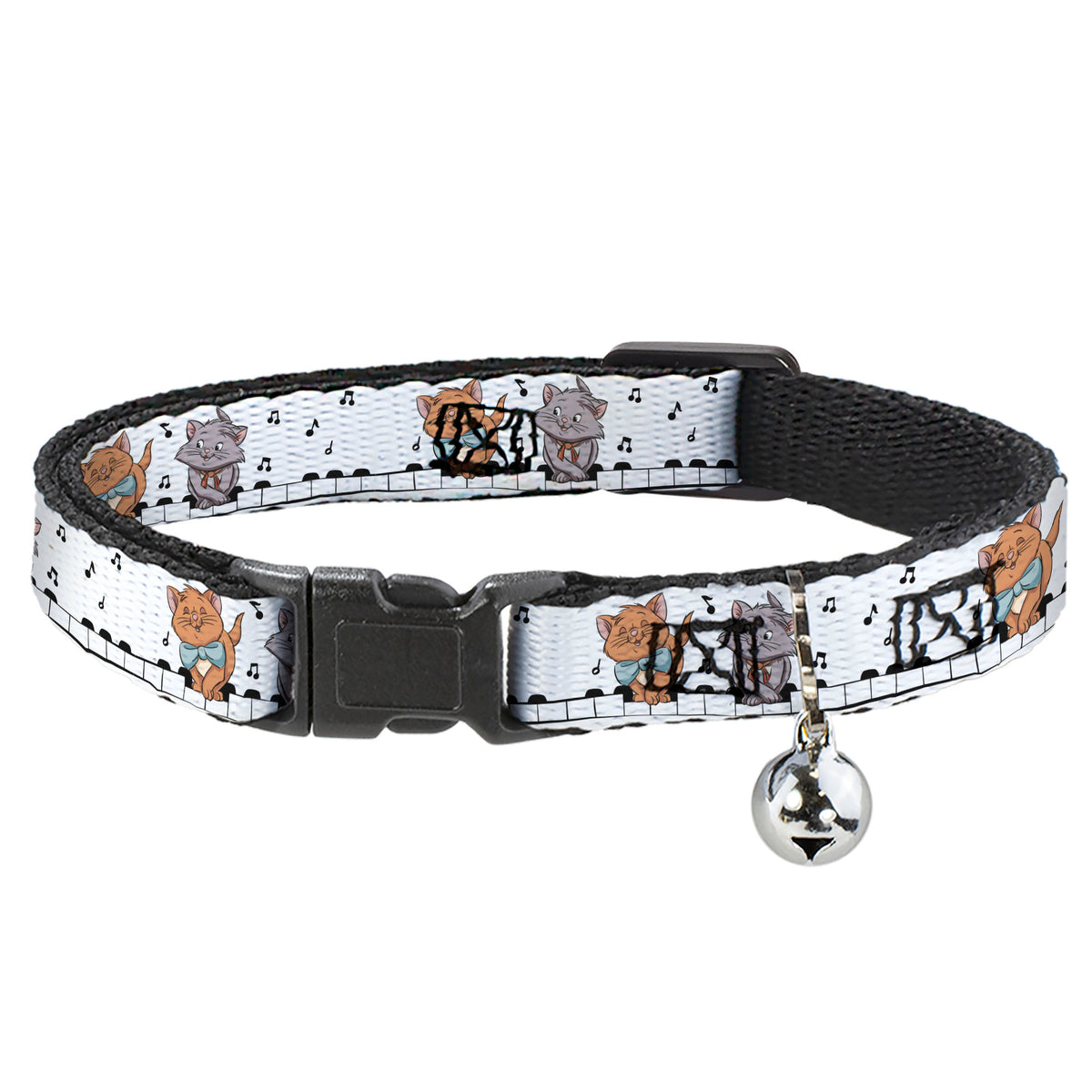 Breakaway Cat Collar with Bell - Aristocats Toulouse and Berlioz Piano Pose and Musical Notes White/Black Cat Collars Breakaway Side Release Disney