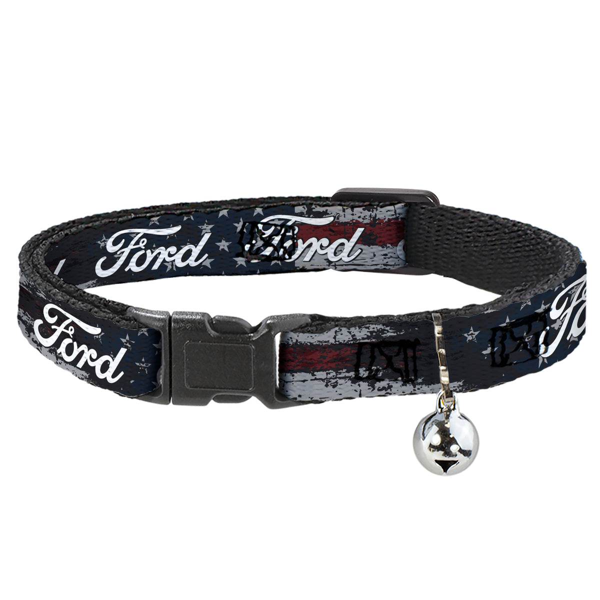 Breakaway Cat Collar with Bell - FORD Script Stars and Stripes Americana Weathered Cat Collars Breakaway Side Release Ford