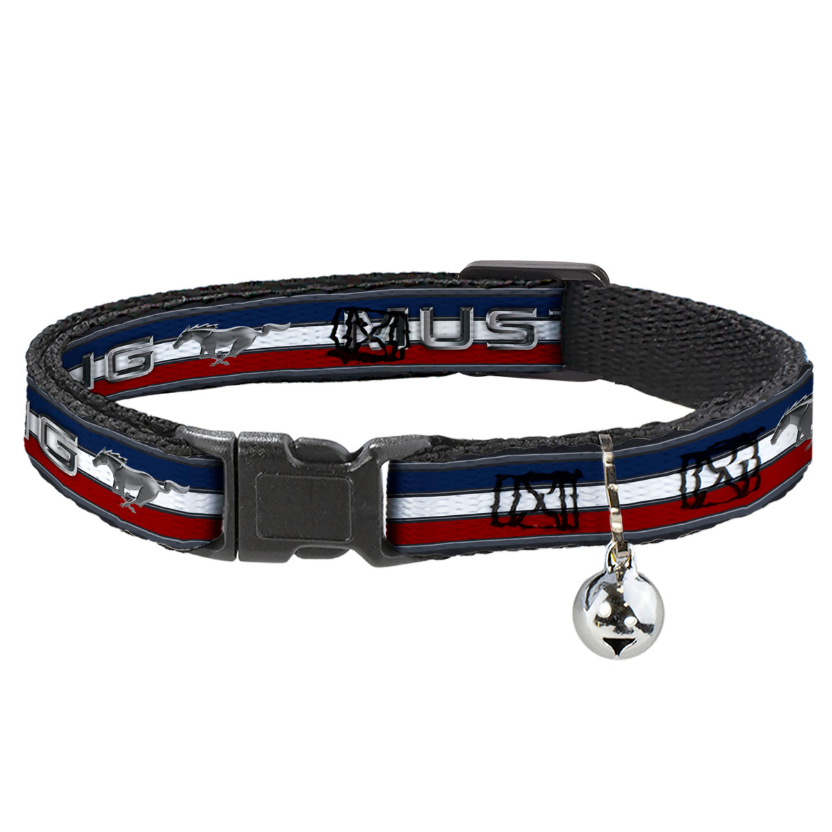 Cat Collar Breakaway - Mustang Text w Tri-Bar Stripe Cat Collars Breakaway Side Release Ford