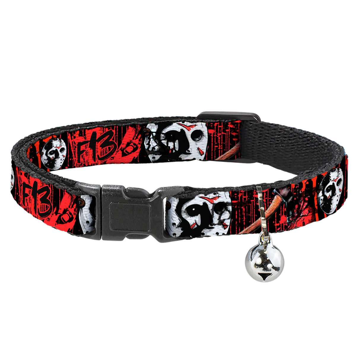 Cat Collar Breakaway - FRIDAY THE 13th Jason Mask4 Axe Blood Splatter Black Red White Cat Collars Breakaway Side Release Friday the 13th