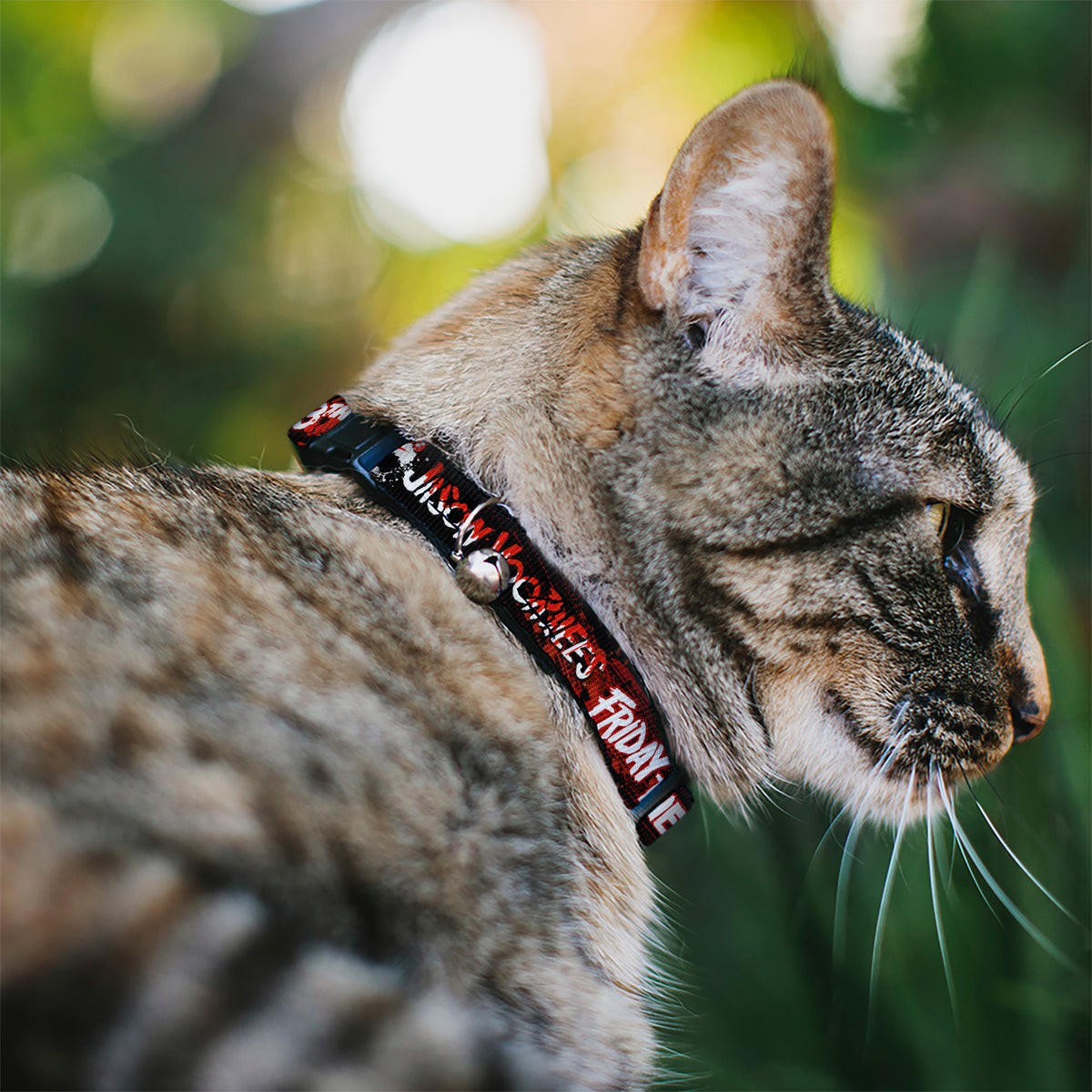 Breakaway Cat Collar with Bell - FRIDAY THE 13TH JASON VOORHIES Mask Text Black/Red/White Cat Collars Breakaway Side Release Friday the 13th