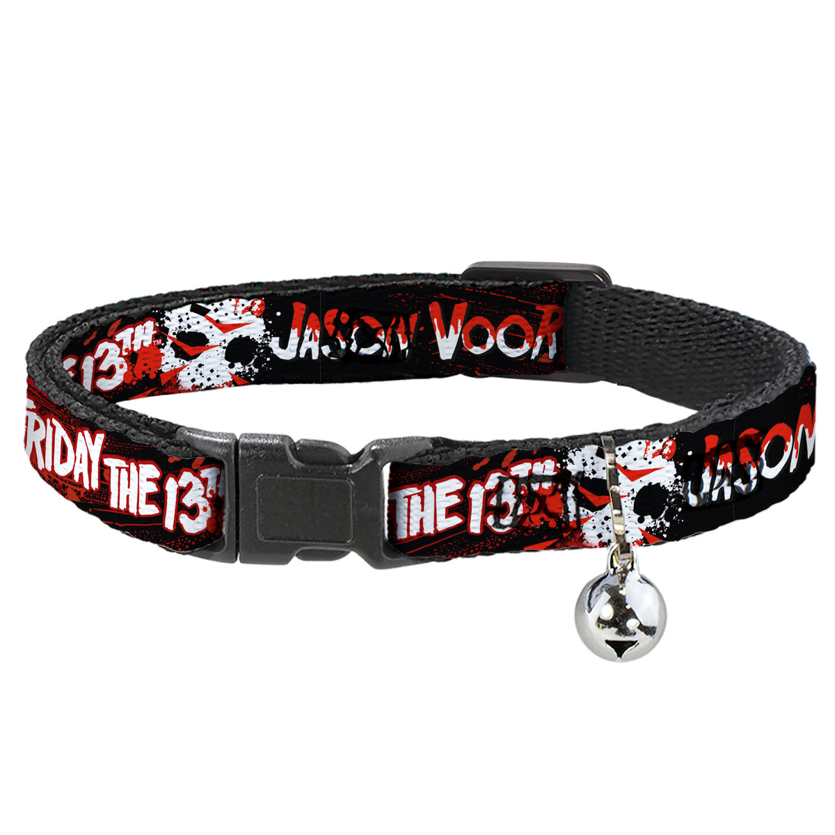 Breakaway Cat Collar with Bell - FRIDAY THE 13TH JASON VOORHIES Mask Text Black/Red/White Cat Collars Breakaway Side Release Friday the 13th