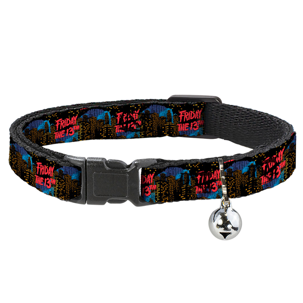 Breakaway Cat Collar with Bell - FRIDAY THE 13TH Jason Takes Manhattan Skyline Title Logo Black/Blues/Reds Cat Collars Breakaway Side Release Friday the 13th