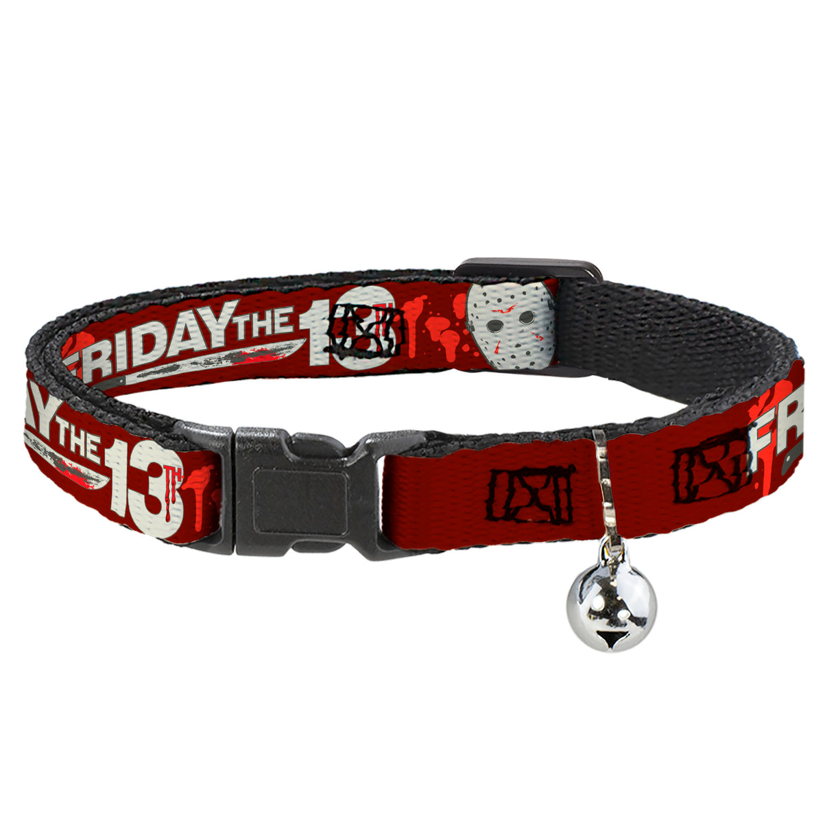 Breakaway Cat Collar with Bell - FRIDAY THE 13TH Mask and Machete Icons Red/Pink/White Cat Collars Breakaway Side Release Friday the 13th