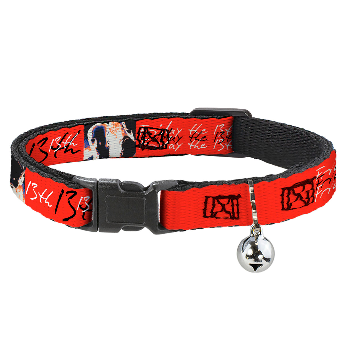 Breakaway Cat Collar with Bell - FRIDAY THE 13TH Jason Mask and Script Blocks Red/Black/White Cat Collars Breakaway Side Release Friday the 13th