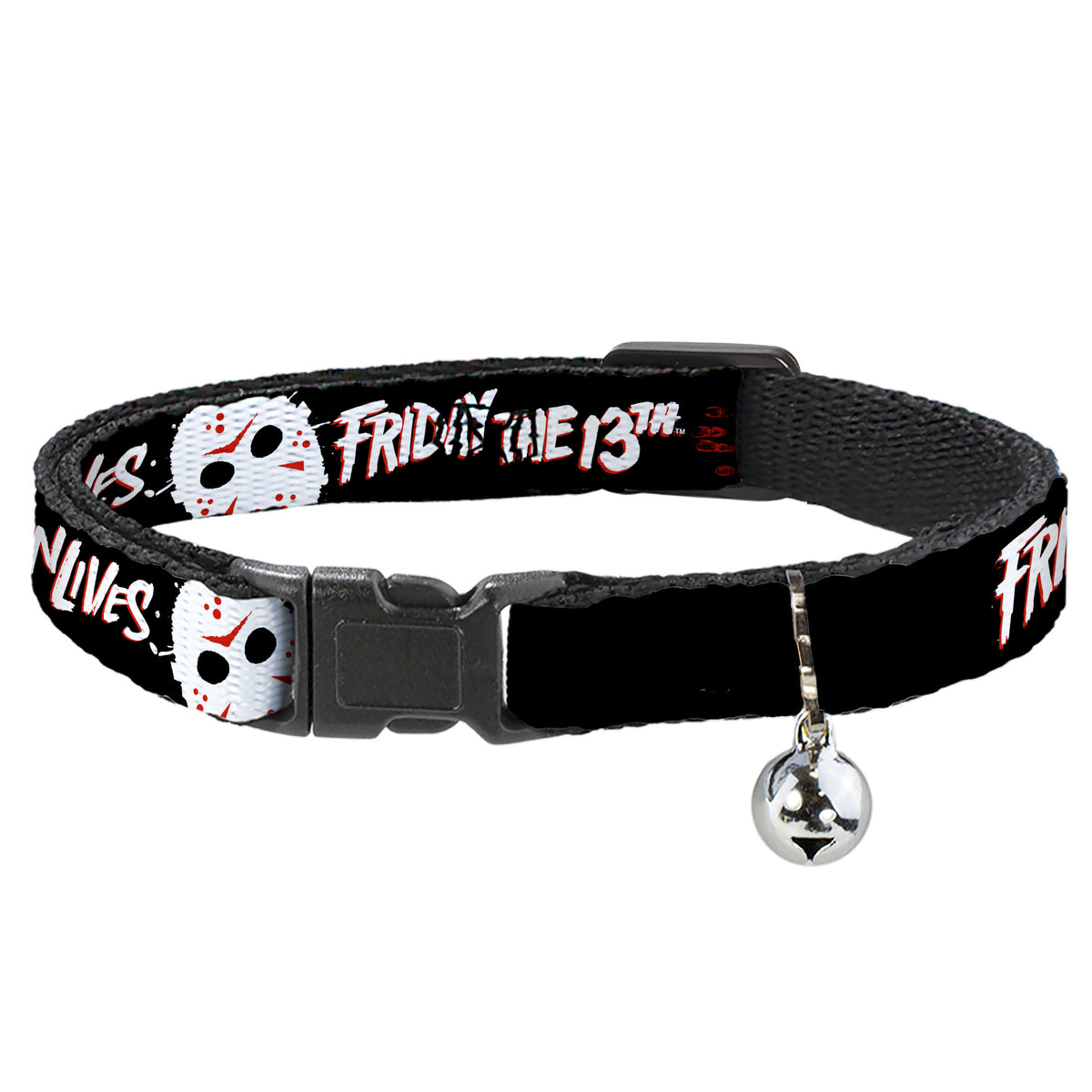 Breakaway Cat Collar with Bell - FRIDAY THE 13TH JASON LIVES with Hand Print and Mask Black/Red/White Cat Collars Breakaway Side Release Friday the 13th
