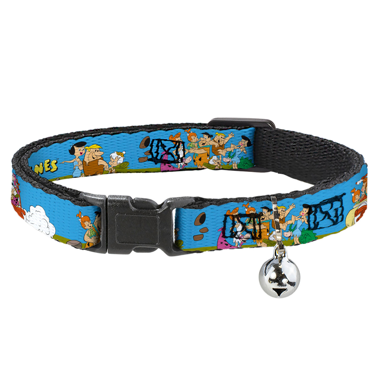 Breakaway Cat Collar with Bell - The Flintstones and Rubbles Group Pose/Logo Blue Cat Collars Breakaway Side Release The Flintstones