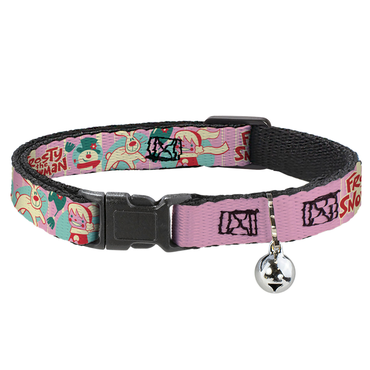 Breakaway Cat Collar with Bell - FROSTY THE SNOWMAN Pose and Title Logo with Karen and Hocus Pocus Pinks/Blues Cat Collars Breakaway Side Release Frosty the Snowman
