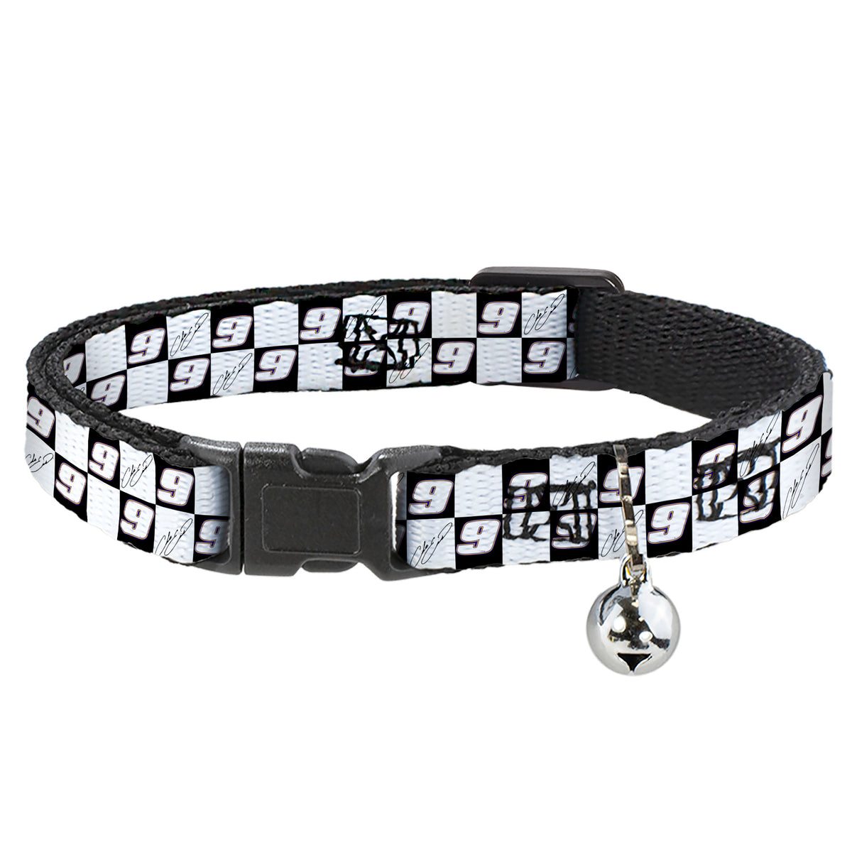 Breakaway Cat Collar with Bell - Chase Elliott Autograph and #9 Checker Logo Black/White/Blue Cat Collars Breakaway Side Release Hendrick Motorsports