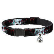 Breakaway Cat Collar with Bell - IT CHAPTER TWO Pennywise Face CLOSE-UP Black/Red/Blues Cat Collars Breakaway Side Release IT