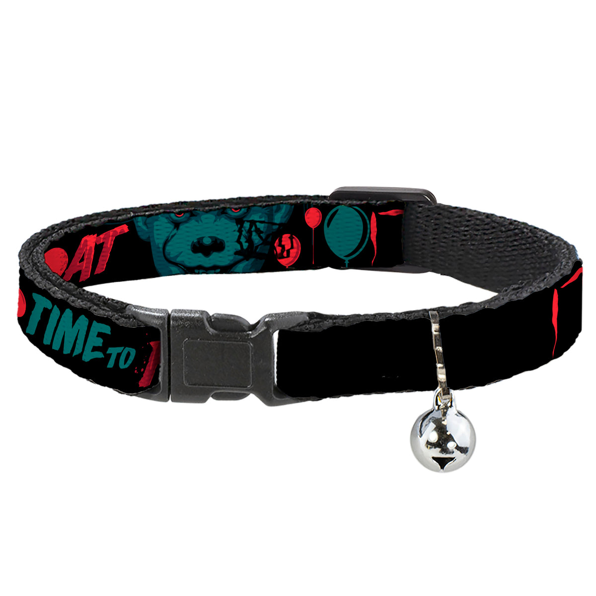 Breakaway Cat Collar with Bell - IT Pennywise Face and Balloons TIME TO FLOAT Black/Blues/Reds Cat Collars Breakaway Side Release IT
