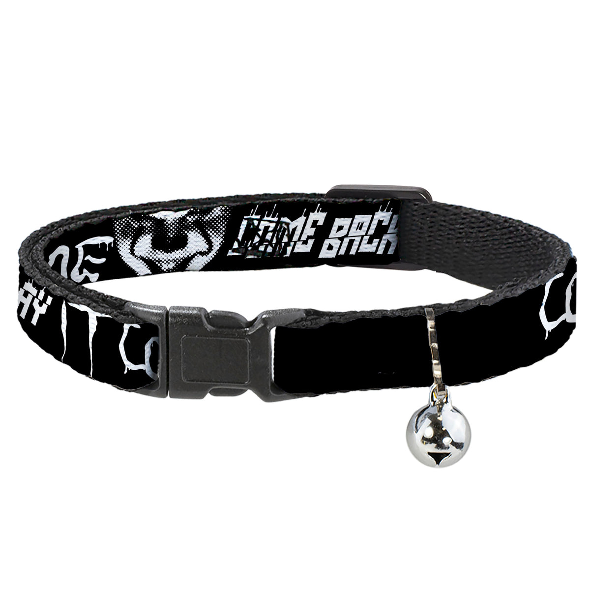 Breakaway Cat Collar with Bell - IT Pennywise Face Close-Up COME HOME-COME BACK AND PLAY Black/White Cat Collars Breakaway Side Release IT