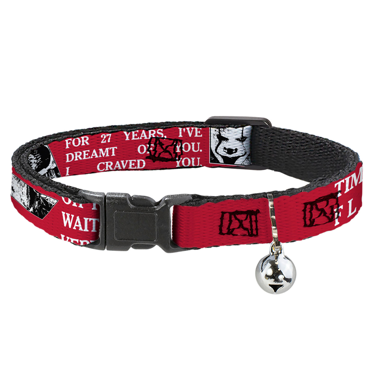 Breakaway Cat Collar with Bell - IT Pennywise Poses and Quotes Collage Red/White/Grays Cat Collars Breakaway Side Release IT