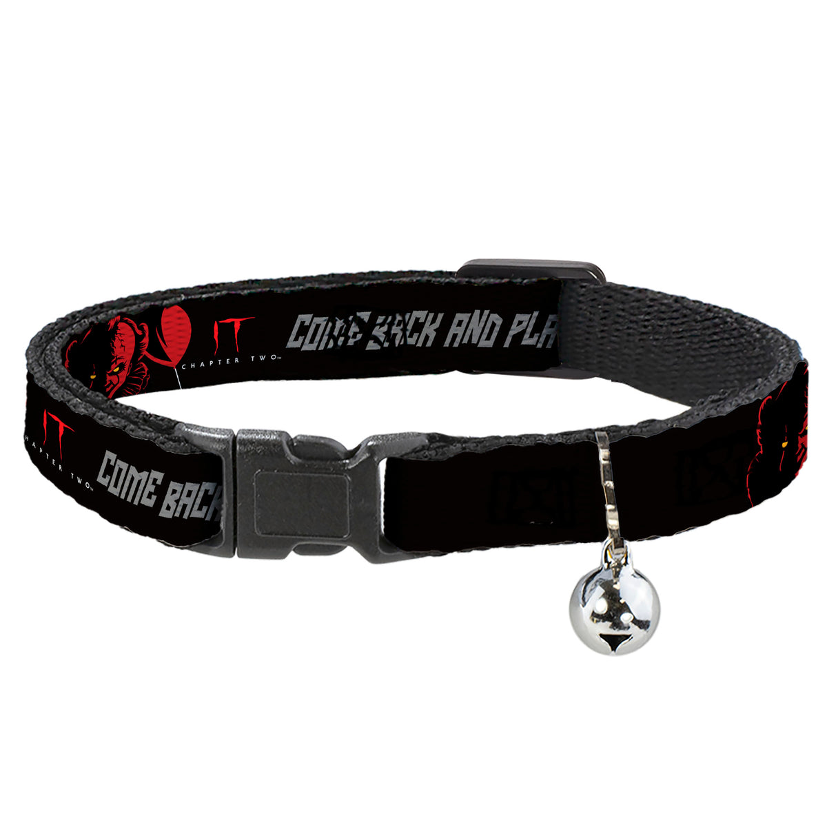 Breakaway Cat Collar with Bell - IT Pennywise Face COME BACK AND PLAY Black/Red/Gray Cat Collars Breakaway Side Release IT