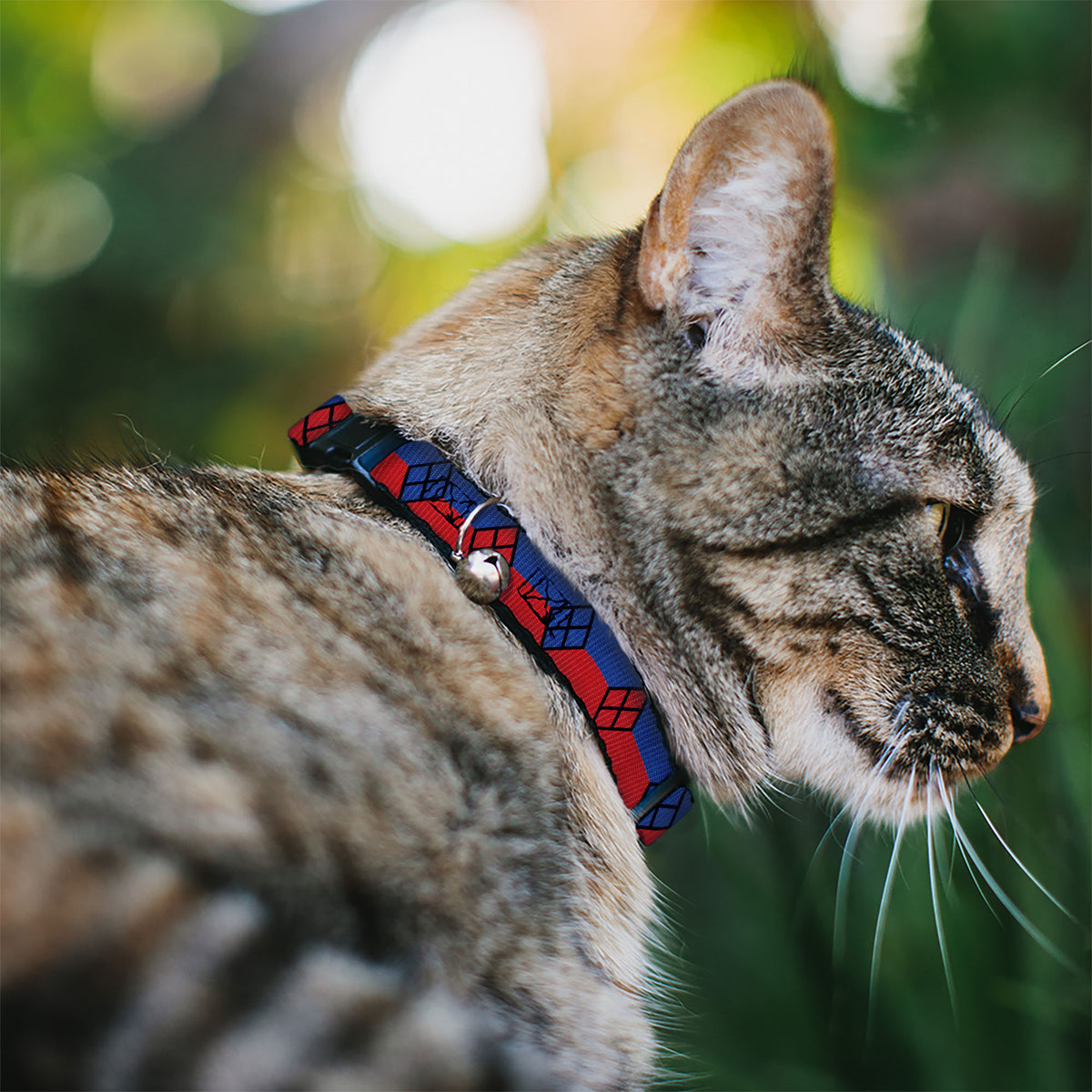 Cat Collar Breakaway - Harley Quinn Diamond Stripe Red Blue Cat Collars Breakaway Side Release DC Comics