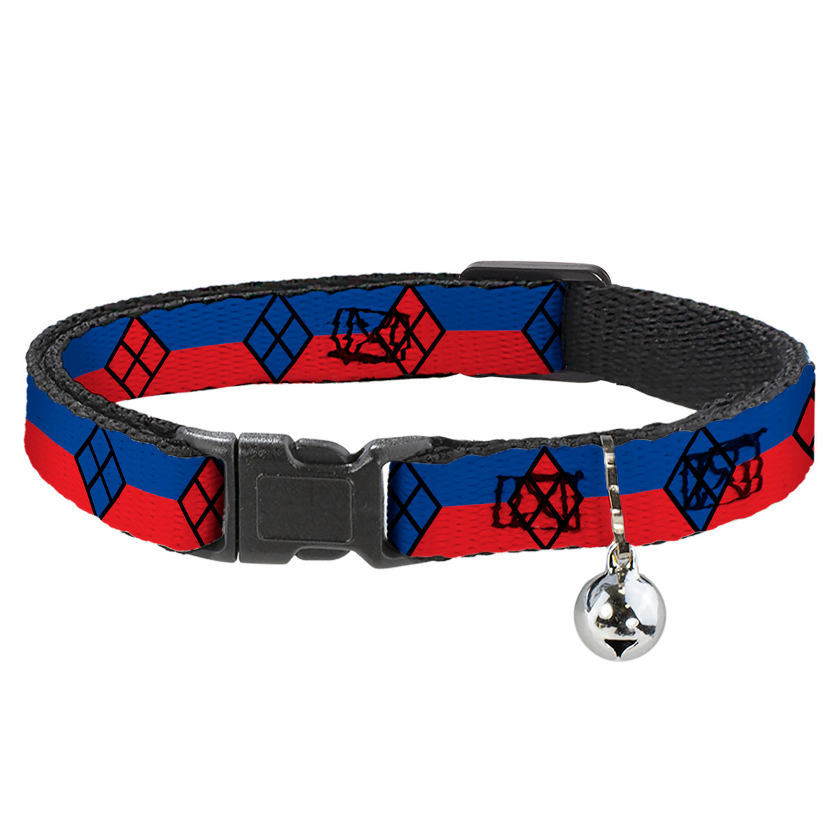 Cat Collar Breakaway - Harley Quinn Diamond Stripe Red Blue Cat Collars Breakaway Side Release DC Comics