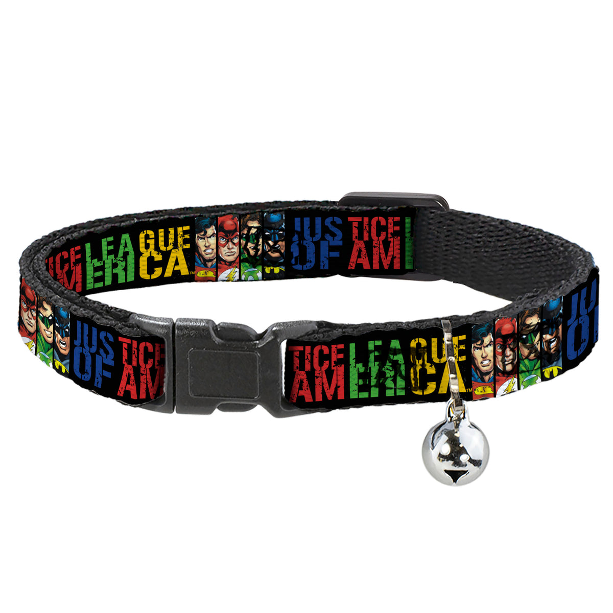 Cat Collar Breakaway - JUSTICE LEAGUE OF AMERICA w Superhero Blocks Black Multi Color Cat Collars Breakaway Side Release DC Comics