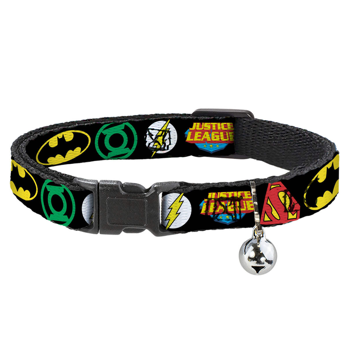 Cat Collar Breakaway - Justice League Superhero Logos CLOSE-UP Black Cat Collars Breakaway Side Release DC Comics