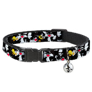 Cat Collar Breakaway - Sylvester and Tweety Poses Scattered Charcoal Cat Collars Breakaway Side Release Looney Tunes