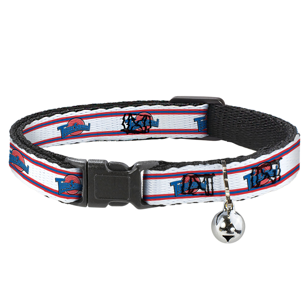 Cat Collar Breakaway with Bell - Space Jam TUNE SQUAD Logo Stripe White Red Blue - NARROW Fits 8.5-12" Cat Collars Breakaway Side Release Looney Tunes