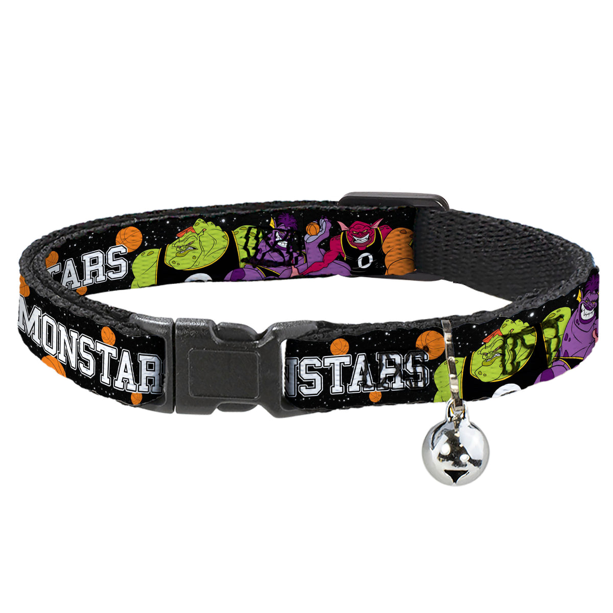 Cat Collar Breakaway with Bell - Space Jam MONSTARS 5-Player Group Pose Basketballs Galaxy Black White - NARROW Fits 8.5-12" Cat Collars Breakaway Side Release Looney Tunes