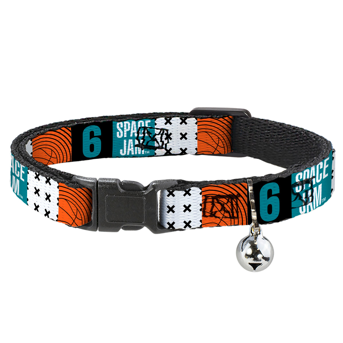 Cat Collar Breakaway with Bell - SPACE JAM Number 6 Blocks Black Turquoise White Red - NARROW Fits 8.5-12" Cat Collars Breakaway Side Release Looney Tunes