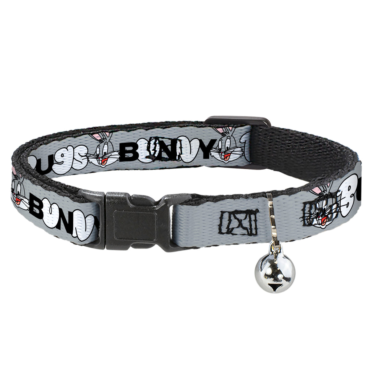 Breakaway Cat Collar with Bell - BUGS BUNNY Smiling Face Text Gray Cat Collars Breakaway Side Release Looney Tunes