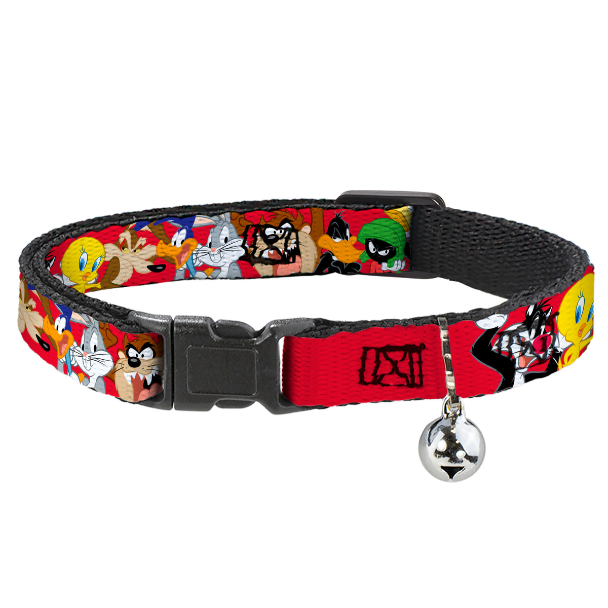 Breakaway Cat Collar with Bell - Looney Tunes Eight Character Faces Red Cat Collars Breakaway Side Release Looney Tunes