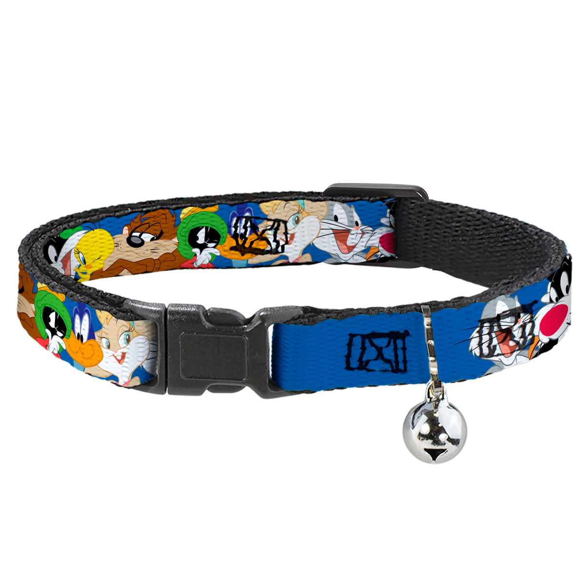 Breakaway Cat Collar with Bell - Looney Tunes Seven Character Faces Stacked Blue Cat Collars Breakaway Side Release Looney Tunes