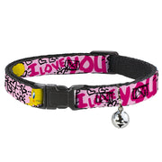 Cat Collar Breakaway - Tweety Bird I LOVE YOU Pink Black Cat Collars Breakaway Side Release Looney Tunes