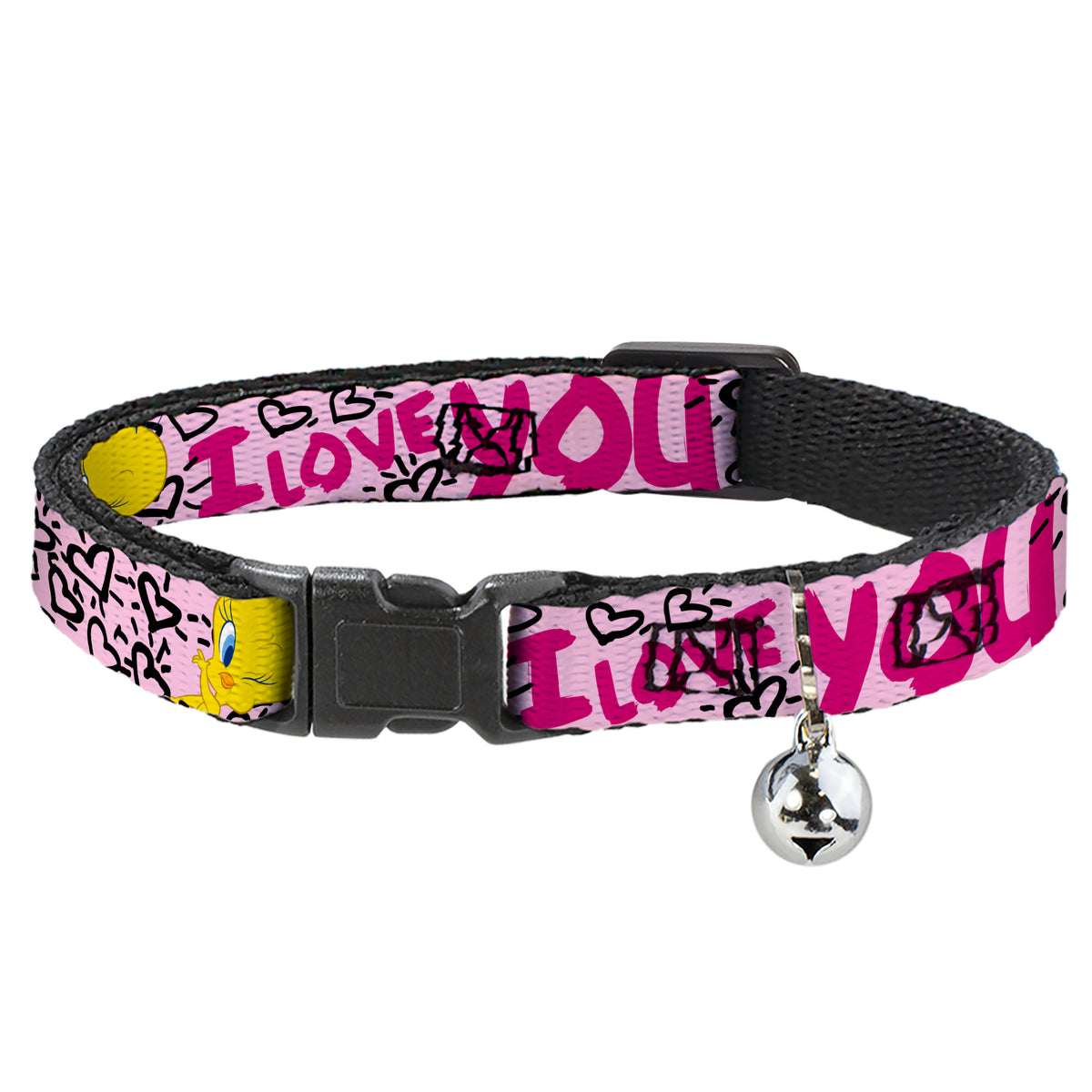 Cat Collar Breakaway - Tweety Bird I LOVE YOU Pink Black Cat Collars Breakaway Side Release Looney Tunes