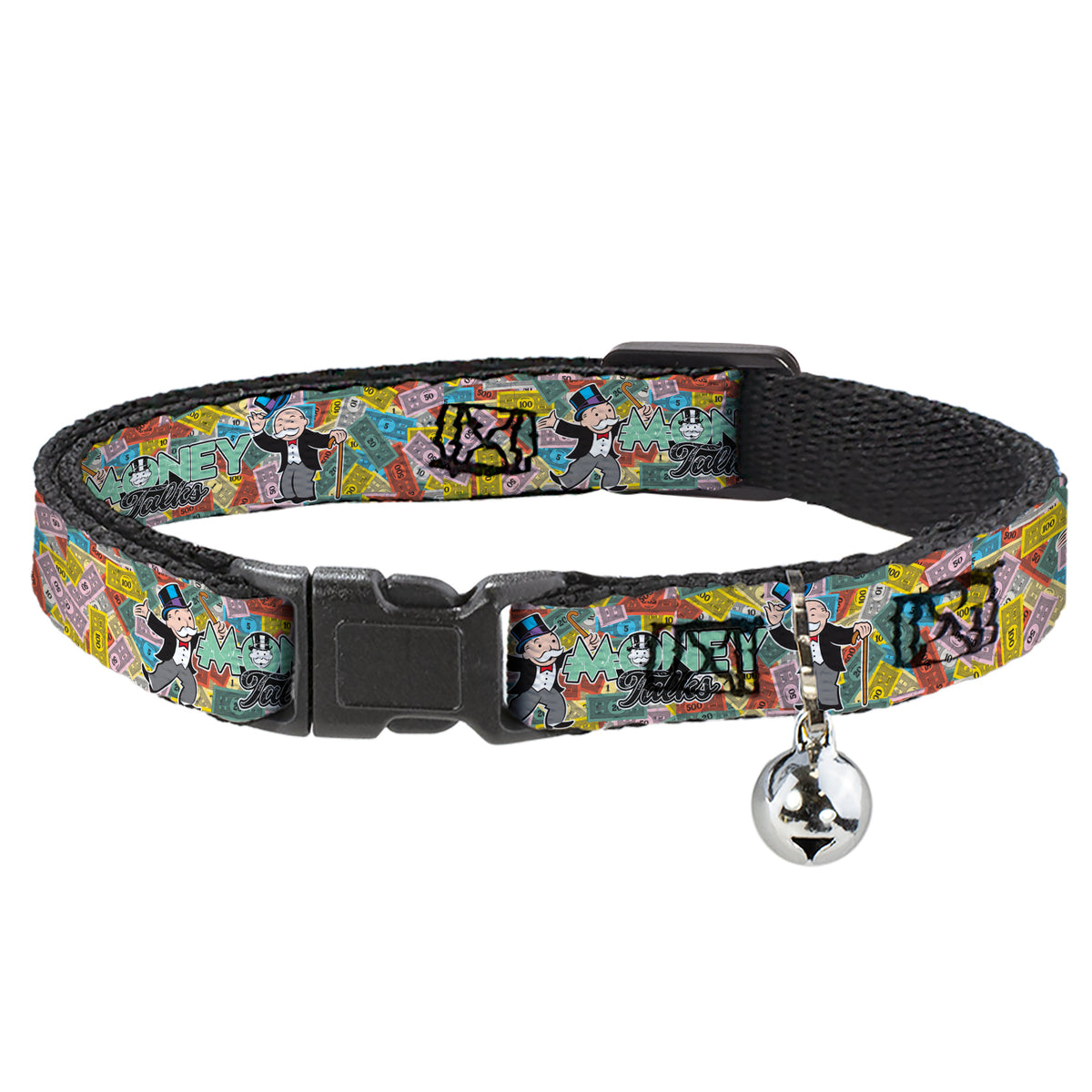 Breakaway Cat Collar with Bell - Mr. Monopoly MONEY TALKS Poses Multi Color Cat Collars Breakaway Side Release Monopoly