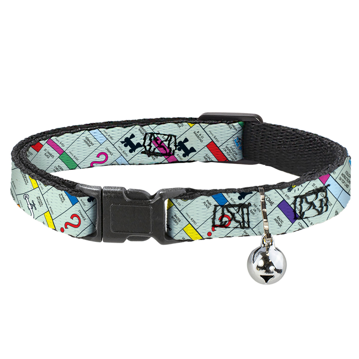 Breakaway Cat Collar with Bell - Monopoly Game Board Spaces Collage Cat Collars Breakaway Side Release Monopoly
