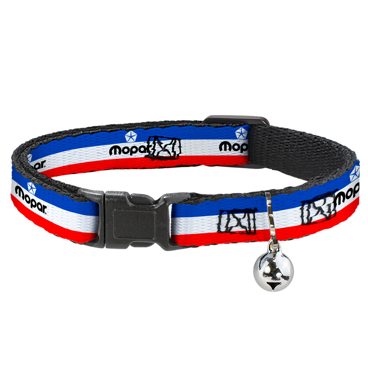 Cat Collar Breakaway with Bell - Chrysler MOPAR Logo Repeat Stripe Blue White Red - NARROW Fits 8.5-12" Cat Collars Breakaway Side Release Mopar