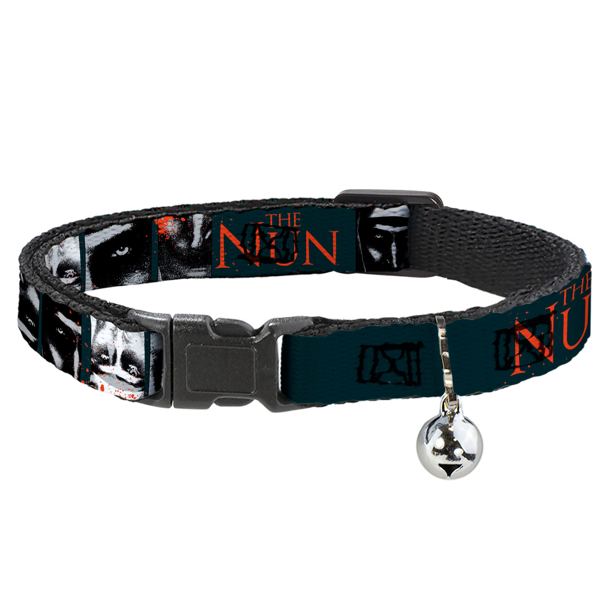 Breakaway Cat Collar with Bell - THE NUN Demon Nun Valak Pose Blocks and Title Logo Blue/Red/White Cat Collars Breakaway Side Release The Nun